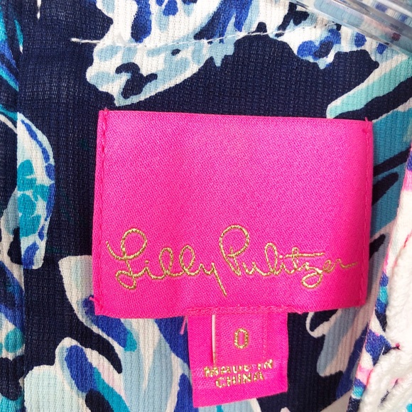 Lilly Pulitzer Floral Turquoise Blue,and Pink Dress with White Lace Trim - 0 - Picture 2 of 6